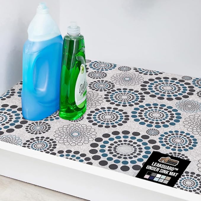 GORILLA GRIP LeakGuard Non-Adhesive Under Sink Mat for Kitchen Cabinet, Waterproof Quick Dry Shelf Liner, Durable Absorbent Felt Mats for Bathroom Sink, Cabinets, Dresser, 24x30 Spiral Gray Turquoise