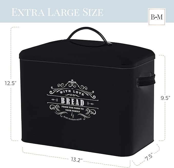 Extra Large Black Bread Box - Holds 2+ Loaves, Counter Organizer for Farmhouse, Vintage, Rustic Kitchens