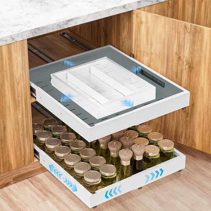 Insputer Pull Out Cabinet Organizer Expandable (12.4"-20.08")W & (16.26"-22.44")D, Slide Out Drawers for Kitchen, Pantry with 2Pcs Magnetic Panel, 3 Slide Rails, No Drill Adhesive Roll Out Shelf White