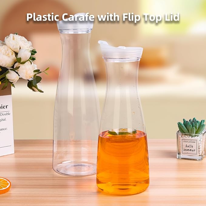4 pack 50 oz Plastic Water Carafe with Flip Top Lid, Round Base Juice Containers for Mimosa Bar - BPA-Free Leakproof Beverage Pitcher for Water, Iced Tea, Milk & Fridge Storage（4Pack/50oz)