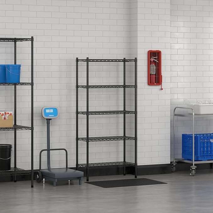 Commercial NSF Listed Black Epoxy Stationary Wire Shelving Kit 14" x 30" x 64", with 5 Shelves Perfect for Warehouse, Walk-in Refrigerator, Freezer, Grocery Store, Restaurant, Dishroom