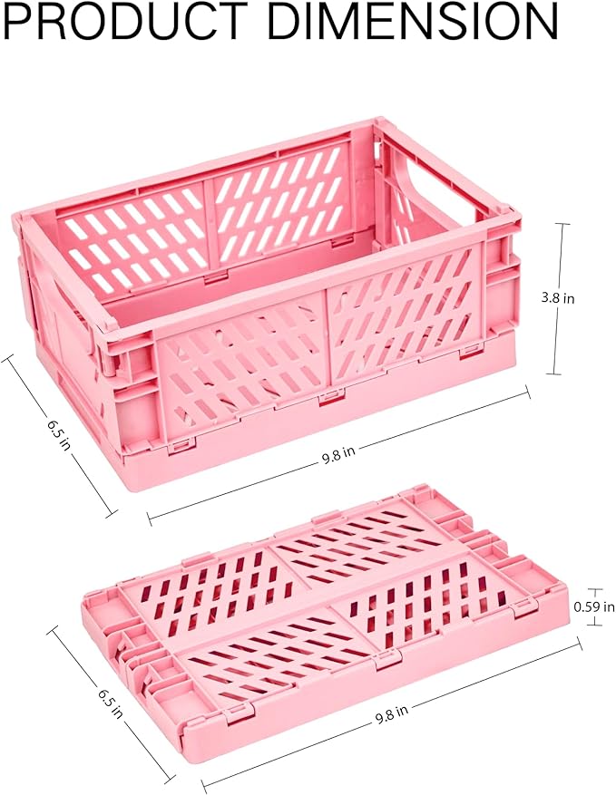 2 Pack Plastic Storage Collapsible Crate Organizer Basket Bin for Organizing Desk Drawer Shelf for Home Kitchen Bedroom Bathroom and Dorm Storage, 9.8x6.5x3.8in, Pink
