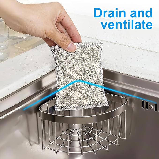 Housoutil Suction Sponge Holder, Movable 90°corner Sink Caddy Ith Strong Suction Cup, Stainless Steel Hollowed-out Caddy for Kitchen Bathroom