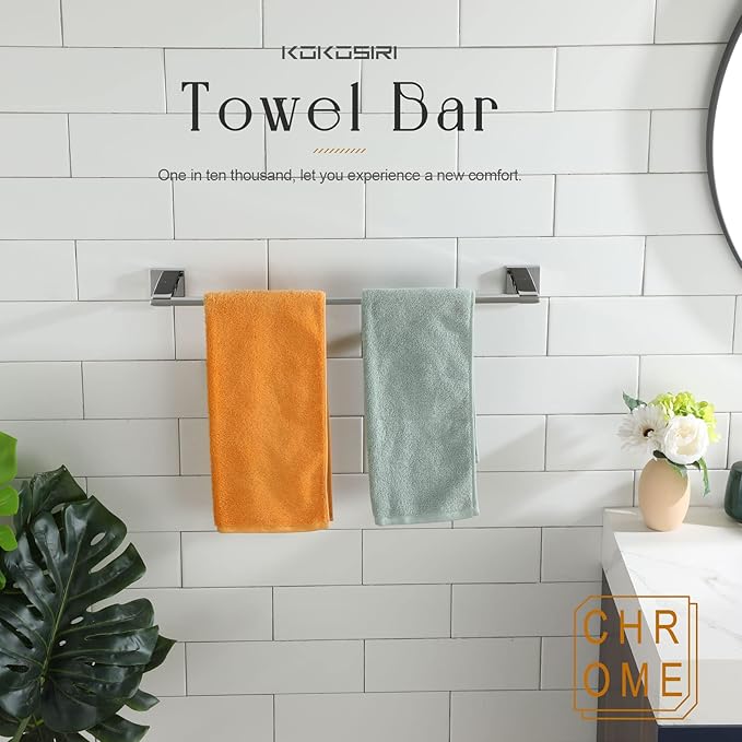 KOKOSIRI Bath Towel Bar Chrome Bathroom Hardware Towel Holder Wall Mounted for Kitchen Toilet 24 Inches Necklace Holder Polished Stainless Steel B4006CH-L24