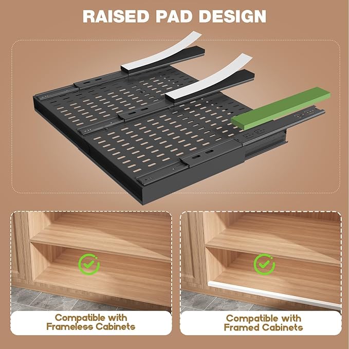 4 Pack Pull Out Cabinet Organizer Expandable Width (15"-24.8") & Depth (16.2"-23.6"), 3 Slide Rails Slide Out Drawers with Handle, Includes Raising Pad for Framed Cabinets, Black