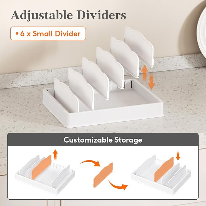 Lifewit Plastic Adjustable Lid Organizers Inside Cabinet, Lid Holder with 6 Dividers & 7 Sections for Kitchen Organization and Storage, Plate, Bowl Organizer for Tall Drawer and Pantry, 13" x 10"