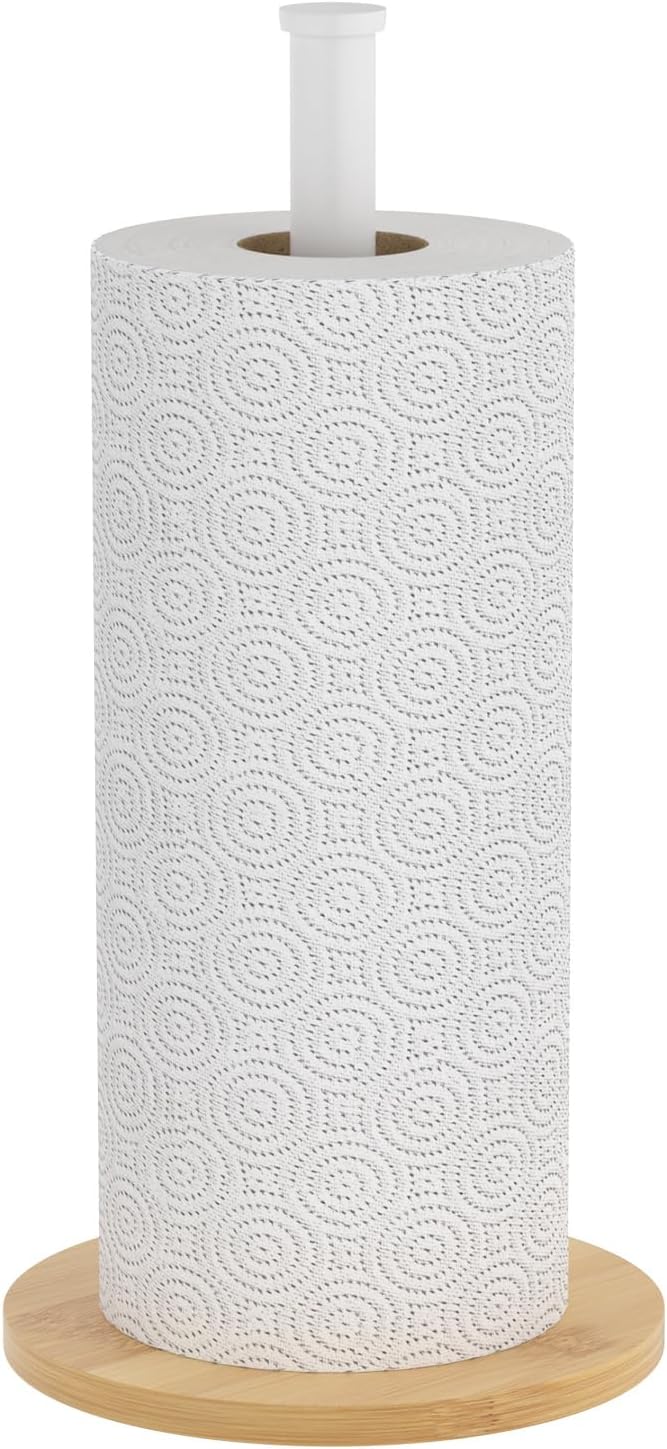 Paper Towel Holder Countertop, Weighted Wooden Base, Stainless Steel, FreeStanding, Easy Install, Durable, Ideal for Home,RV,Bathroom,Farmhouse Essentials Decor Accessories (White)