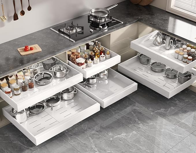 4 Pack Pull Out Cabinet Organizer 21" Deep,Full Extension 3 Slide Rails Slide Out Drawers With Raising Pad for Framed Cabinets,Expandable Width (15.4"-26.2"),No Drill Roll Out Shelves,White
