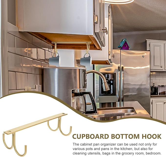DOITOOL Under Cabinet Mug Hooks Rack, 4-Hook Iron Hanging Holder for Kitchenware, Space-Saving Organizer Cabinet Hanger for Coffee Cups and Utensils, Gold Finish