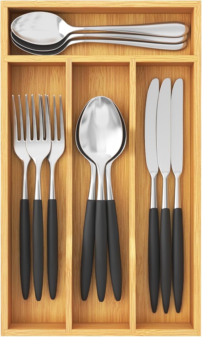 Lifewit Silverware Drawer Organizer, Utensil Tray for Kitchen, 4 Slot Flatware and Cutlery Holder, Storage for Spoons Forks Knives, Natural