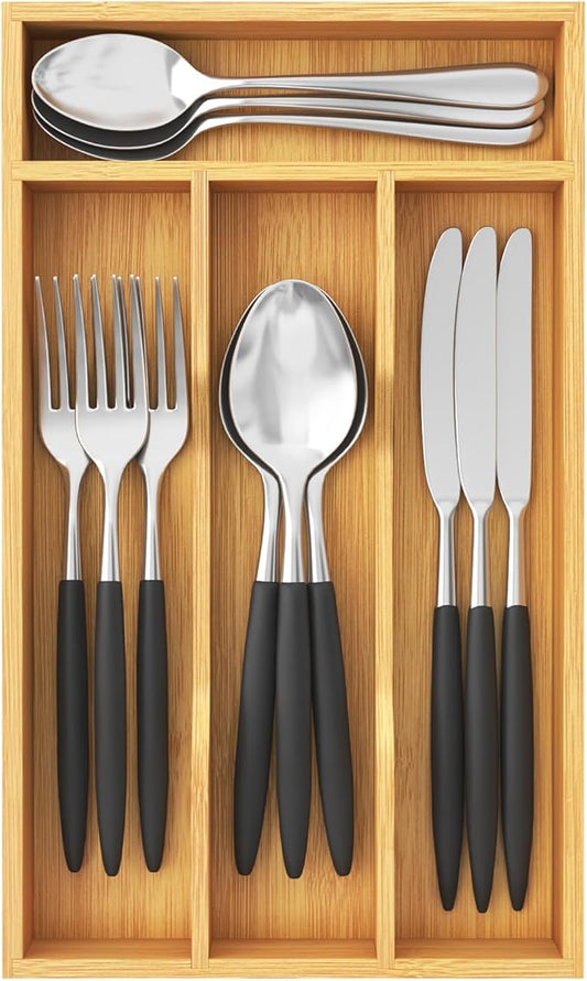 Lifewit Silverware Drawer Organizer, Utensil Tray for Kitchen, 4 Slot Flatware and Cutlery Holder, Storage for Spoons Forks Knives, Natural