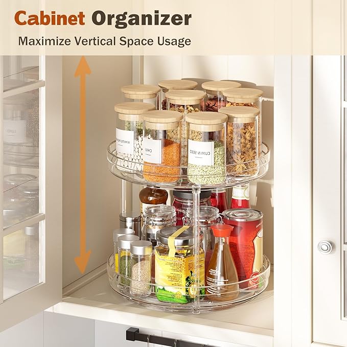 Optish 2 Set 2 Tier Lazy Susan Organizer for Cabinet, 9.5" Rotating Spice Rack Turntable Organizer for Pantry, Kitchen, Countertop, Bathroom, Vanity, Medicine Cabinet Organization