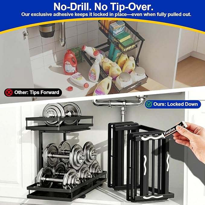Under Sink Organizer, Dual-Rail Ball-Bearing, Under Kitchen Sink Organizer, 6-Level Adjustable, Under Cabinet Organizer, No-Drill Adhesive/Suction, Under Sink Storage (Black, Double Layer - 1 Pack)