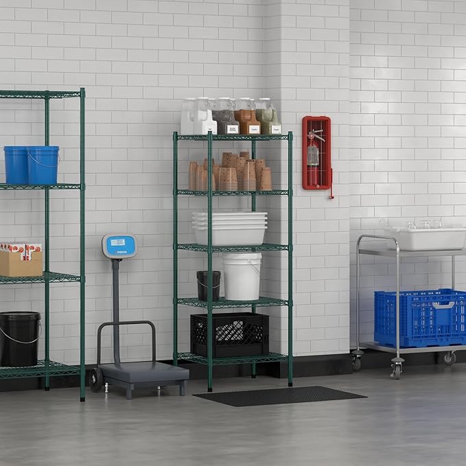 Commercial NSF Listed Green Epoxy Stationary Wire Shelving Kit 21" x 24" x 64", with 5 Shelves Perfect for Warehouse, Walk-in Refrigerator, Freezer, Grocery Store, Restaurant, Dishroom