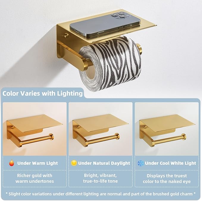 APLusee Brushed Gold Toilet Paper Holder with Shelf, 304 Stainless Steel Wall Mounted Compact Bathroom Tissue Hanger