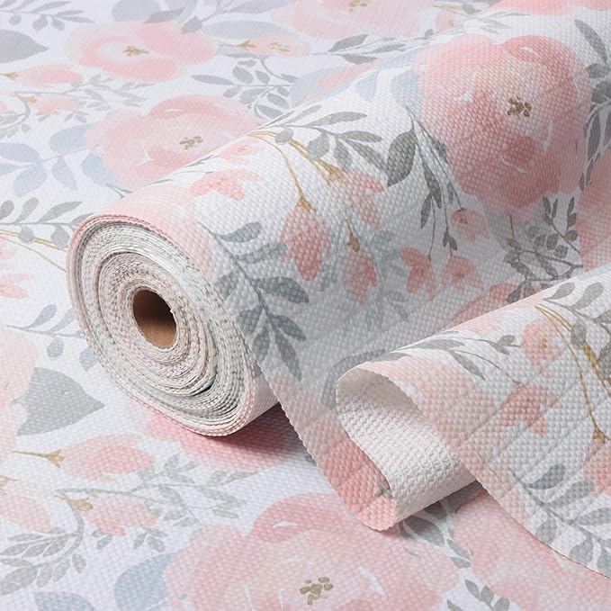 Amiitay Floral Shelf and Drawer Liner for Kitchen,12IN x 20FT Non-Adhesive and Strong Non-Slip Peony Cabinet Drawer Liners for Kitchen Shelf, Waterproof Cupboard Liners,Easy to Clean