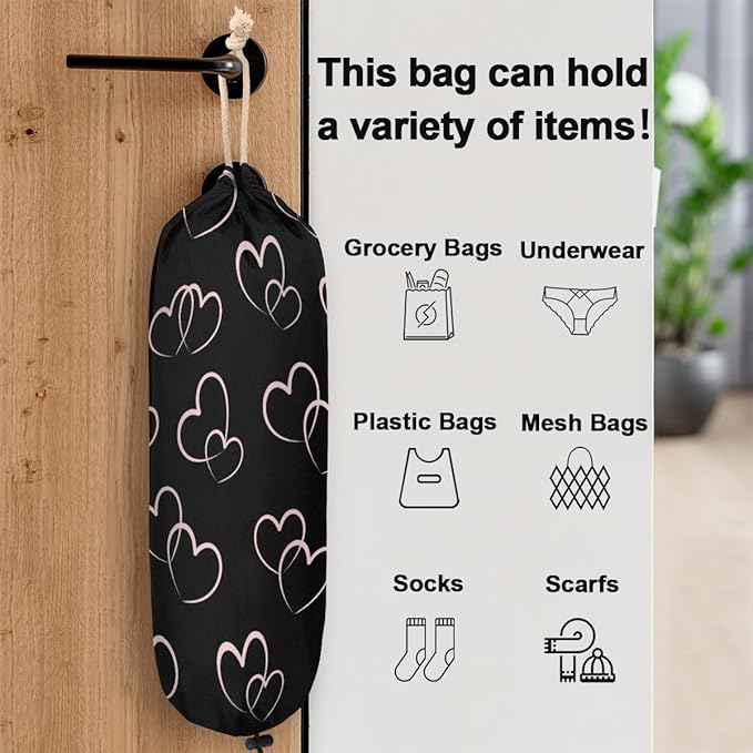 Plastic Bag Holder Black Heart Wall Mount Grocery Bag Holder Wasgable Plastic Bag Dispenser Garbage Bag Organizer for Home Kitchen Decor, Gifts for Women Mom Family Friends