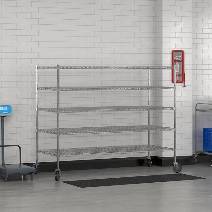Commercial NSF Listed Chrome Mobile Wire Shelving Kit 30" x 72" x 60", with 5 Shelves Perfect for Warehouse, Walk-in Refrigerator, Freezer, Grocery Store, Restaurant, Dishroom