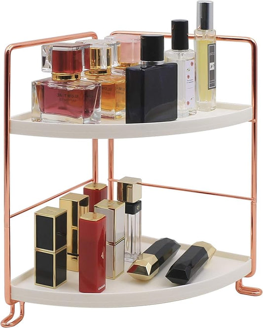 2-Tier Bathroom Countertop Organizer - Vanity Tray Cosmetic & Makeup Storage- Kitchen Spice Rack Standing Shelf - Corner Storage Shelf, Rose Gold