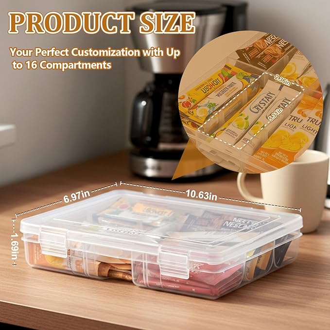 Drink Packet Organizer – Stackable Clear Acrylic Water Flavor Packet Organization with Removable Dividers & Secure Lid for Kitchen, Countertop, Pantry