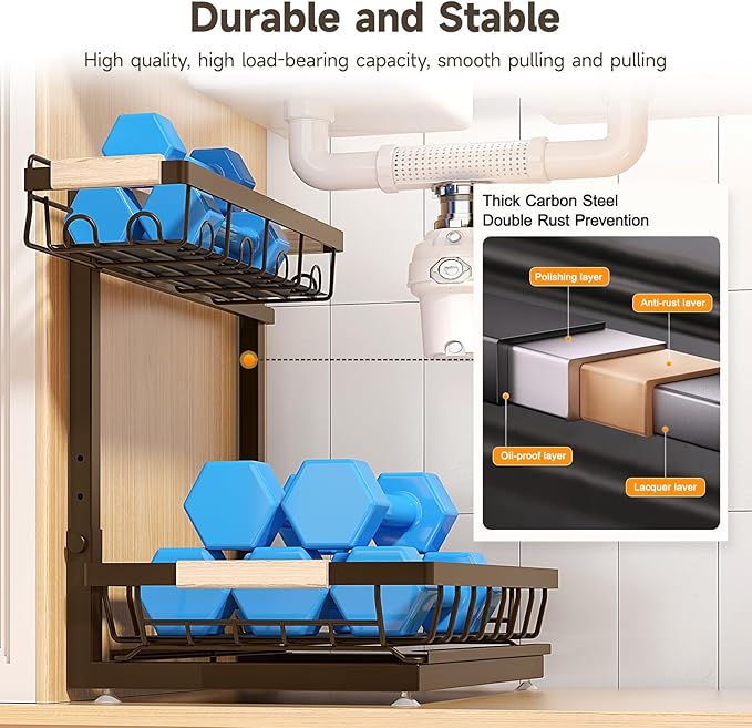 2 Packs Under Sink Organizer, High Adjustable 2 Tier Under Kitchen sink organizer, Multi-Purpose Storage Shelf for Kitchen Bathroom Cabinet (Brown)