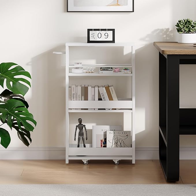 ChooChoo 4-Tier Bathroom Storage Cart, 5.5 inches Wide Narrow Storage Cabinet with 360° Wheels and 2 Hooks, Space-Saving Organizer for Kitchen, Narrow Places, Home Office, White