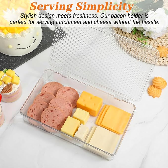 2 Pack Bacon Container For Refrigerator, Clear Plastic Storage Bin with Lid,Refrigerator Fridge Storage Organizer Storage Box for Coffee, Bathroom, kitchen, Snack, Beauty