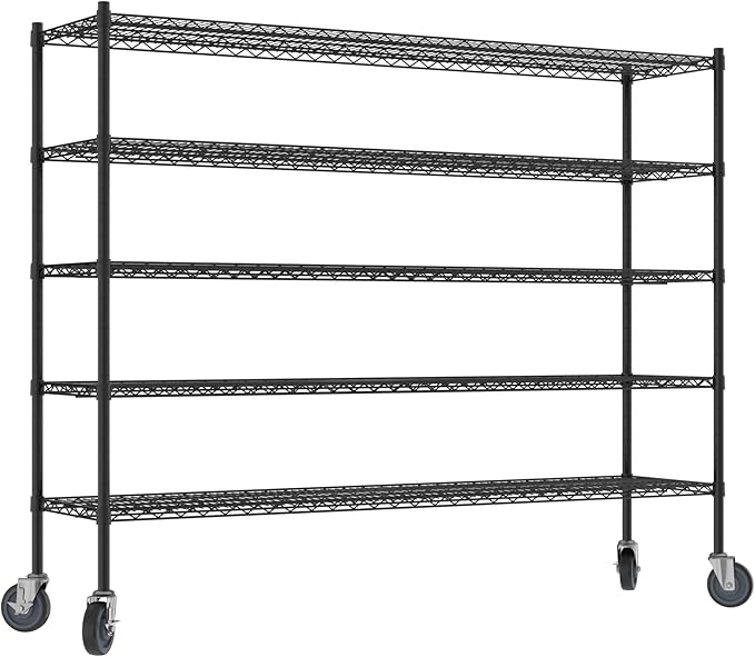 Commercial NSF Listed Black Epoxy Mobile Wire Shelving Kit 18" x 72" x 60", with 5 Shelves Perfect for Warehouse, Walk-in Refrigerator, Freezer, Grocery Store, Restaurant, Dishroom