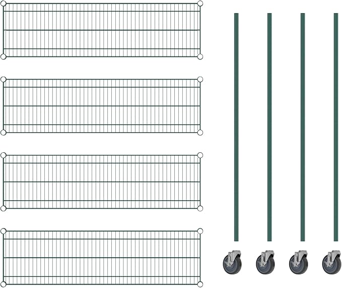 Commercial NSF Listed Green Epoxy Mobile Wire Shelving Kit 14" x 48" x 60", with 4 Shelves Perfect for Warehouse, Walk-in Refrigerator, Freezer, Grocery Store, Restaurant, Dishroom