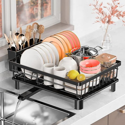 Dish Drying Rack, Stainless Steel Drainer Rack with Drainboard with Smart Drainage System, Space Saving Dish Strainer for Kitchen Counter with Cutlery Holder, Black
