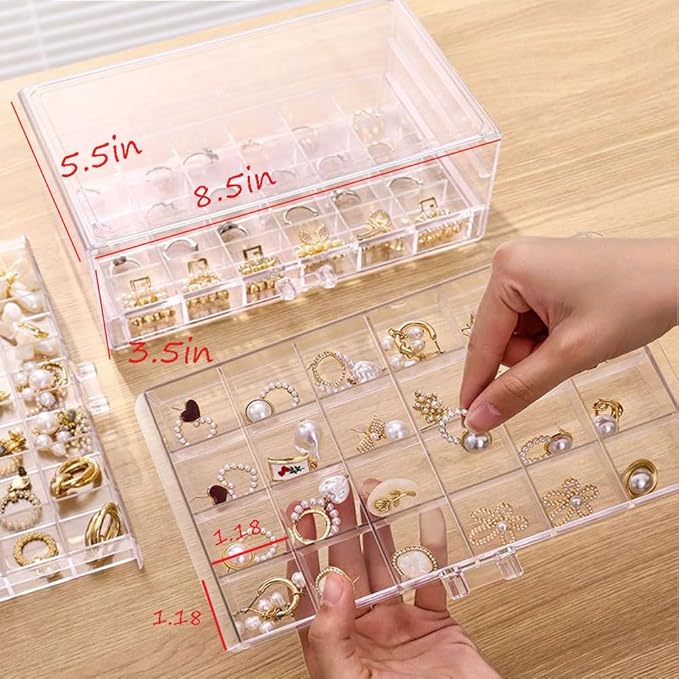 Earring Organizer Box Clear Storage Acrylic for Earrings Necklace Organizer Jewelry Box with 72 Grids Storage Compartments Transparent Ring Clear Jewelry Organizer