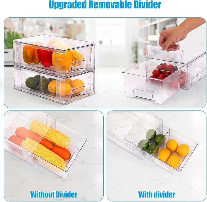 2 Pack Stackable Storage Drawers,Plastic Organizers Bins, Drawers Storage with Handles and Movable Dividers for Organization and Storage in Fridge,Bathroom, Pantry, Kitchen Cabinets, Under Sink