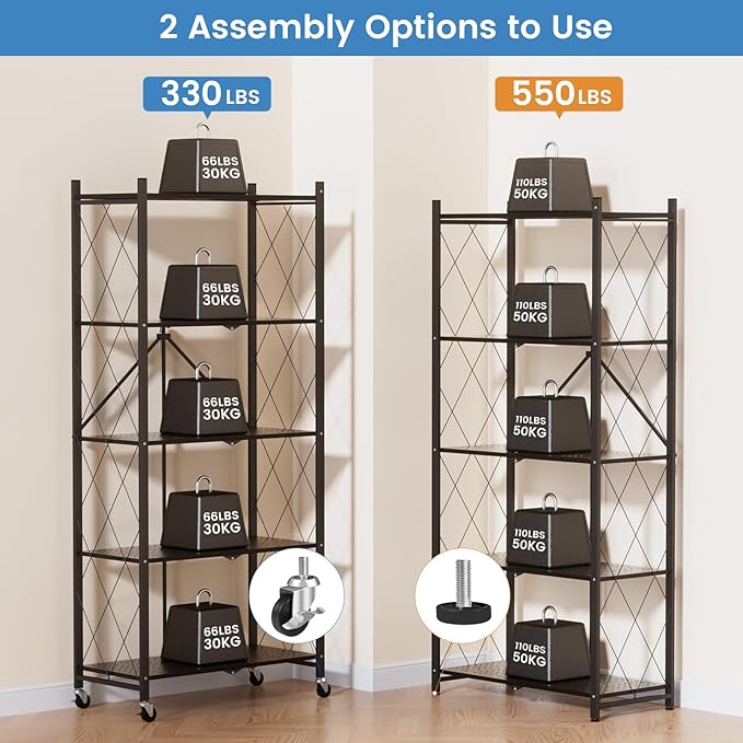 ALANNG 70.7" H Metal Storage Shelves, 5 Tier Folding Shelf on Wheels, Heavy Duty, No Assembly, Rolling, Collapsible Rack Unit for Kitchen, Basement, Pantry (Black,2 Pack)