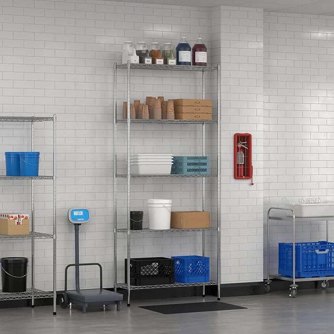 Commercial NSF Listed Chrome Stationary Wire Shelving Kit 14" x 42" x 96", with 5 Shelves Perfect for Warehouse, Walk-in Refrigerator, Freezer, Grocery Store, Restaurant, Dishroom