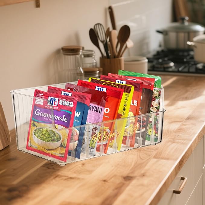 Rainmae Seasoning Packet Organizer with 7 Removable Dividers, Drink Packet Organizer Condiment Storage Caddy for Kitchen Pantry Cabinet Countertop Holds Spice Hot Chocolate Sauce Organization, Clear