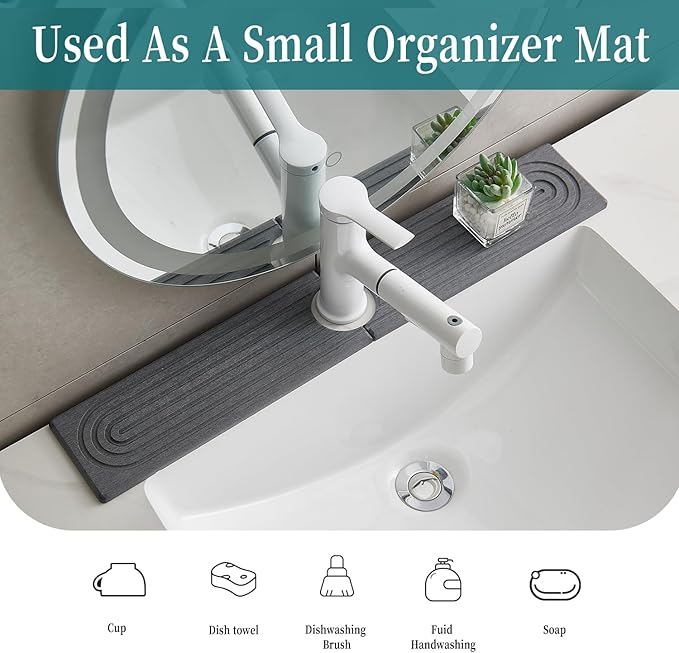 ODE TO ORDER 23.6 Inch Water-Absorbing Stone Faucet Mat for Kitchen Sink Bathroom Counter，Dark Grey Diatomite Drying Stone Mat, Sink Stone Tray Protector,Prevent Moisture Sink Splash Guard