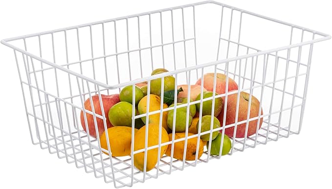 iPEGTOP Wire Freezer Stroage Baskets, 13.4 inch Set of 3 Farmhouse Storage Bins Basket Freezer Storage Organizer Bins with Handles for Kitchen Cabinets, Pantry, Closets, Bedrooms, Bathrooms- White
