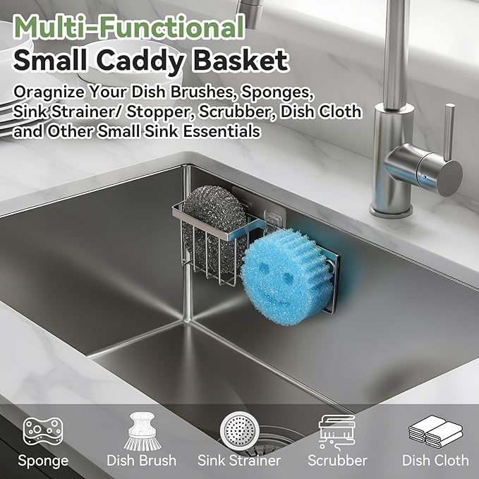 [Slim & Space-saving] Sponge Holder for Kitchen Sink, Sponge Caddy for Scrub Daddy / Scrub Mommy Smiley Face, Sink Organizer Accessories for Dish Brush, Scrubber -with 2 Suction Cups & 1 Adhesive Hook