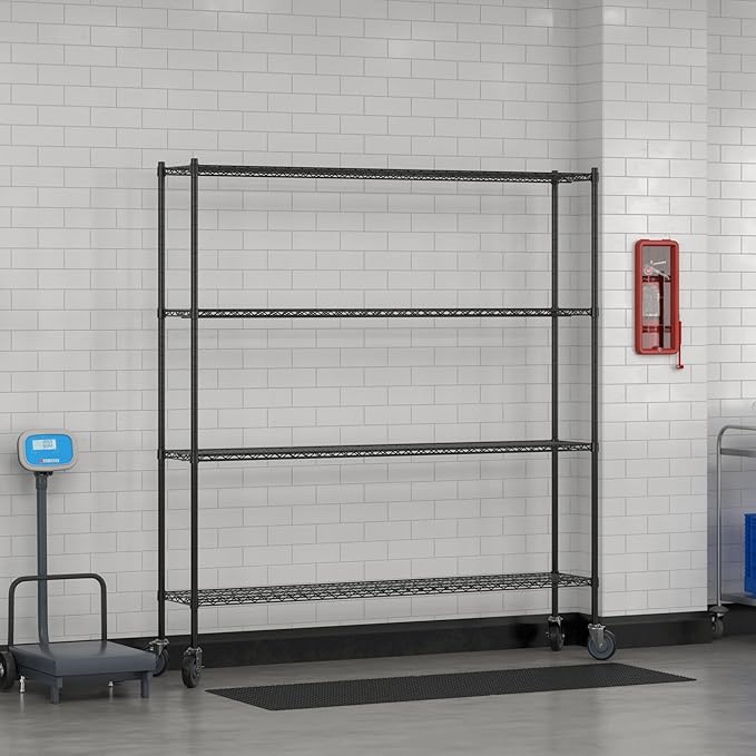Commercial NSF Listed Black Epoxy Mobile Wire Shelving Kit 14" x 72" x 80", with 4 Shelves Perfect for Warehouse, Walk-in Refrigerator, Freezer, Grocery Store, Restaurant, Dishroom