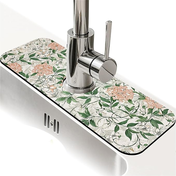 Kitchen Sink Splash Guard，Beautiful vintage flowers Faucet Mat Sink Gadgets-Super Absorbent Fast Drying Mat Drip Catcher for Kitchen, Bathroom,Sink Mat, Dish Drying Mat, Bathroom(15" X 5.5" )