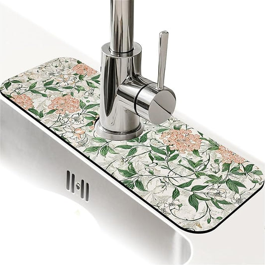 Kitchen Sink Splash Guard，Beautiful vintage flowers Faucet Mat Sink Gadgets-Super Absorbent Fast Drying Mat Drip Catcher for Kitchen, Bathroom,Sink Mat, Dish Drying Mat, Bathroom(15" X 5.5" )