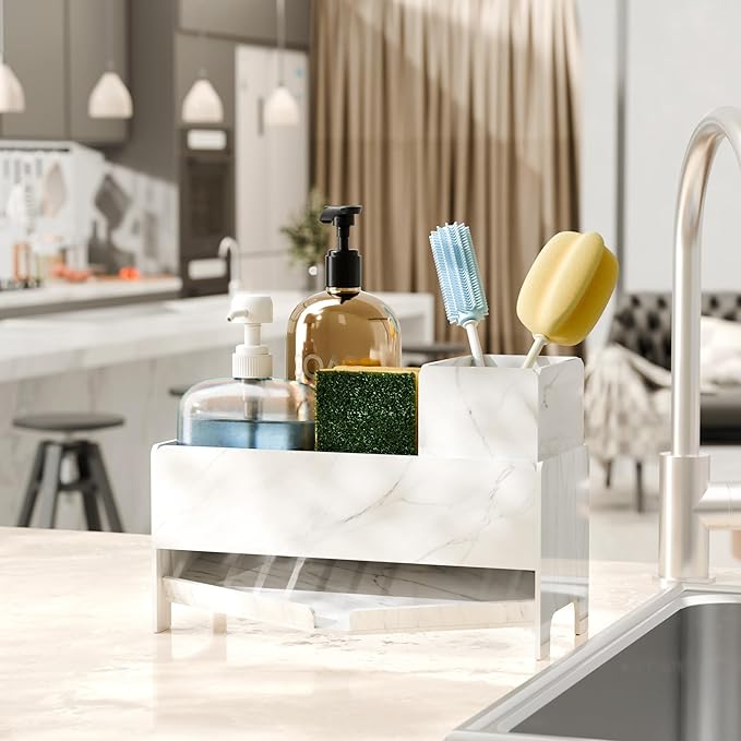 Sponge Holder for Kitchen Sink, Acrylic Sink Caddy Organizer with Removable Brush Holder, Soap Dispenser Countertop Organizer with Marble Texture, Kitchen Organizers Storage, White
