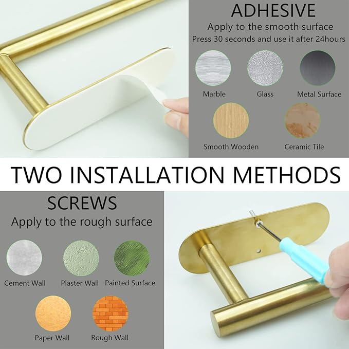 Paper Towel Holder with 2 Hooks-Under Cabinet Paper Towel Holder for Kitchen, Self-Adhesive or Screws, Space Saving Wall Mounted Kitchen Roll Holder, Bathroom, Stainless Steel Brushed Gold