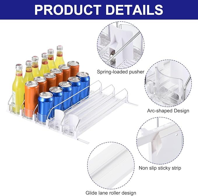 uxcell 3pcs Drink Organizer for Refrigerator, Self-Pushing Soda Can Organizer Width Adjustable Drink Dispenser Beverage Pusher for Fridge Pantry, White