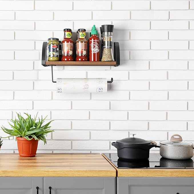 BTY Paper Towel Holder Wall Mount Farmhouse Wood Paper Towel Holder with Shelf Hanging Paper Towel Roll Rack Under Cabinet Spice Rack for Kitchen Bathroom Organizer Rustic Brown
