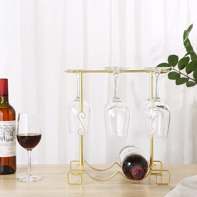 Homya Wine Glass Holder, Freestanding Table Top Goblets Metal Storage Rack for 2 Bottles with 6 Hooks Kitchen Glass Accessories, Gold