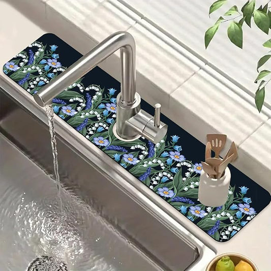 Blooming Lilies Sink Splash Guard Valley Lilies Flowers Faucet Absorbing Mat Fast Drying Mat Sink Gadgets Splash Guard Behind Faucet Drip Catcher for Kitchen Bathroom, 23.5"x5.5"