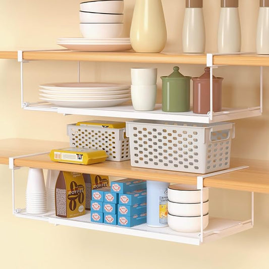 2 Pack Hanging Under Shelf Storage Basket Organizer,Expandable Under Shelf Storage,Metal & White,Heavy Duty Slide-in Storage Baskets,Space Saving for Cabinet,Desk,Pantry,Kitchen