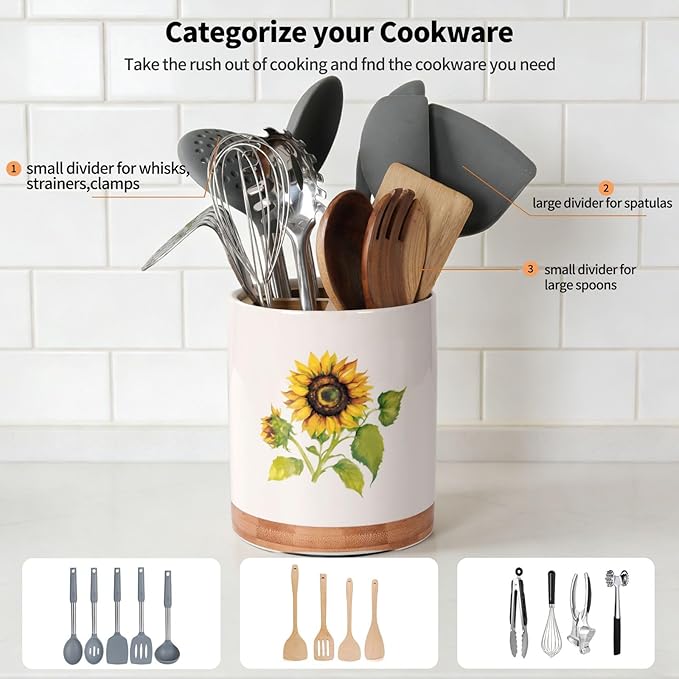 HAPPY KIT 7.6″ Extra Large Kitchen Utensil Holder, 360° Rotating Utensil Holder for Kitchen Counter with 3 Removable Compartment, Housewarming Gift & Farmhouse Decor(Sunflower)