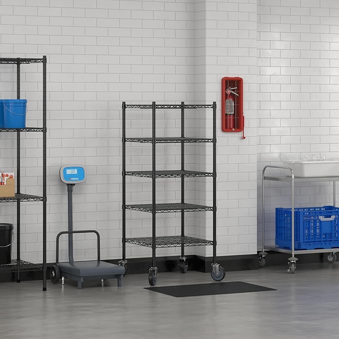 Commercial NSF Listed Black Epoxy Mobile Wire Shelving Kit 24" x 24" x 60", with 5 Shelves Perfect for Warehouse, Walk-in Refrigerator, Freezer, Grocery Store, Restaurant, Dishroom